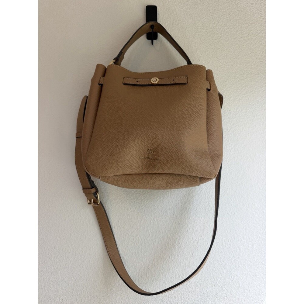 Nanette Lepore Tan Pebbled Satchel Top Handle Zip Adjustable Strap Lined Pockets